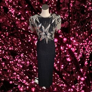 Vintage 80s Beaded Silk Evening Gown